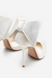 Flashing Lights Ivory Satin Pointed Court Heels With Diamante Bows