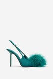 High Pitched Green Satin Sling Back Heels With Pom Poms