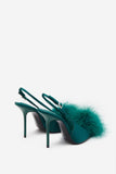 High Pitched Green Satin Sling Back Heels With Pom Poms