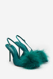 High Pitched Green Satin Sling Back Heels With Pom Poms