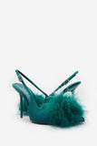 High Pitched Green Satin Sling Back Heels With Pom Poms