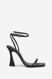 Nostalgia Black Satin Heeled Sandals With Diamante Straps