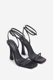 Nostalgia Black Satin Heeled Sandals With Diamante Straps