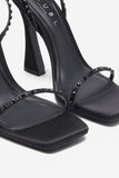 Nostalgia Black Satin Heeled Sandals With Diamante Straps