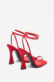 Nostalgia Bright Red Satin Heeled Sandals With Diamante Straps