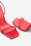Nostalgia Bright Red Satin Heeled Sandals With Diamante Straps