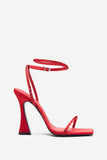 Nostalgia Bright Red Satin Heeled Sandals With Diamante Straps