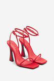Nostalgia Bright Red Satin Heeled Sandals With Diamante Straps