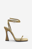 Nostalgia Olive Green Satin Heeled Sandals With Diamante Straps