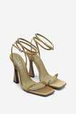 Nostalgia Olive Green Satin Heeled Sandals With Diamante Straps