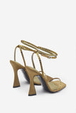 Nostalgia Olive Green Satin Heeled Sandals With Diamante Straps