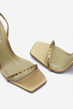Nostalgia Olive Green Satin Heeled Sandals With Diamante Straps