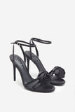 Sweet Step Black Satin Strappy Heeled Sandals With Flowers