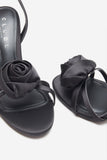 Sweet Step Black Satin Strappy Heeled Sandals With Flowers