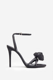 Sweet Step Black Satin Strappy Heeled Sandals With Flowers