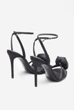 Sweet Step Black Satin Strappy Heeled Sandals With Flowers