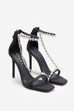 Oh Please Black Strappy Heeled Sandals With Diamante Chains