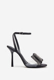 Bowing Black Satin Heeled Sandals With Diamante Bows