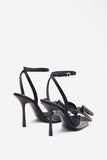 Bowing Black Satin Heeled Sandals With Diamante Bows