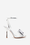 Bowing Silver Metallic Heeled Sandals With Diamante Bows