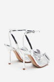 Bowing Silver Metallic Heeled Sandals With Diamante Bows