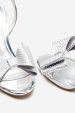 Bowing Silver Metallic Heeled Sandals With Diamante Bows