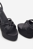 Crystal Cut Black Strappy Heeled Platform Sandals With Diamante Buckles