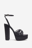 Crystal Cut Black Strappy Heeled Platform Sandals With Diamante Buckles