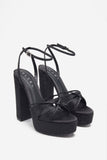 Crystal Cut Black Strappy Heeled Platform Sandals With Diamante Buckles