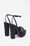 Crystal Cut Black Strappy Heeled Platform Sandals With Diamante Buckles