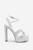 Doll Drama Silver Glitter Diamante Strappy Platform Heels