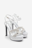 Doll Drama Silver Glitter Diamante Strappy Platform Heels