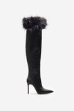 Soho Black Satin Pointed Heeled Boots With Feather Trims