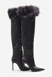 Soho Black Satin Pointed Heeled Boots With Feather Trims