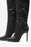Soho Black Satin Pointed Heeled Boots With Feather Trims
