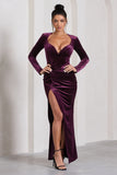 Vin Chaud Dark Purple Velvet Long-Sleeved Split Maxi Dress