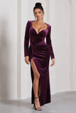 Vin Chaud Dark Purple Velvet Long-Sleeved Split Maxi Dress