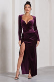 Vin Chaud Dark Purple Velvet Long-Sleeved Split Maxi Dress