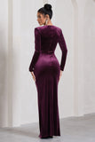 Vin Chaud Dark Purple Velvet Long-Sleeved Split Maxi Dress