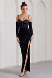 Meribel Navy Velvet & Satin Long-Sleeved Corset Maxi Dress