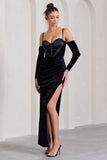 Meribel Navy Velvet & Satin Long-Sleeved Corset Maxi Dress