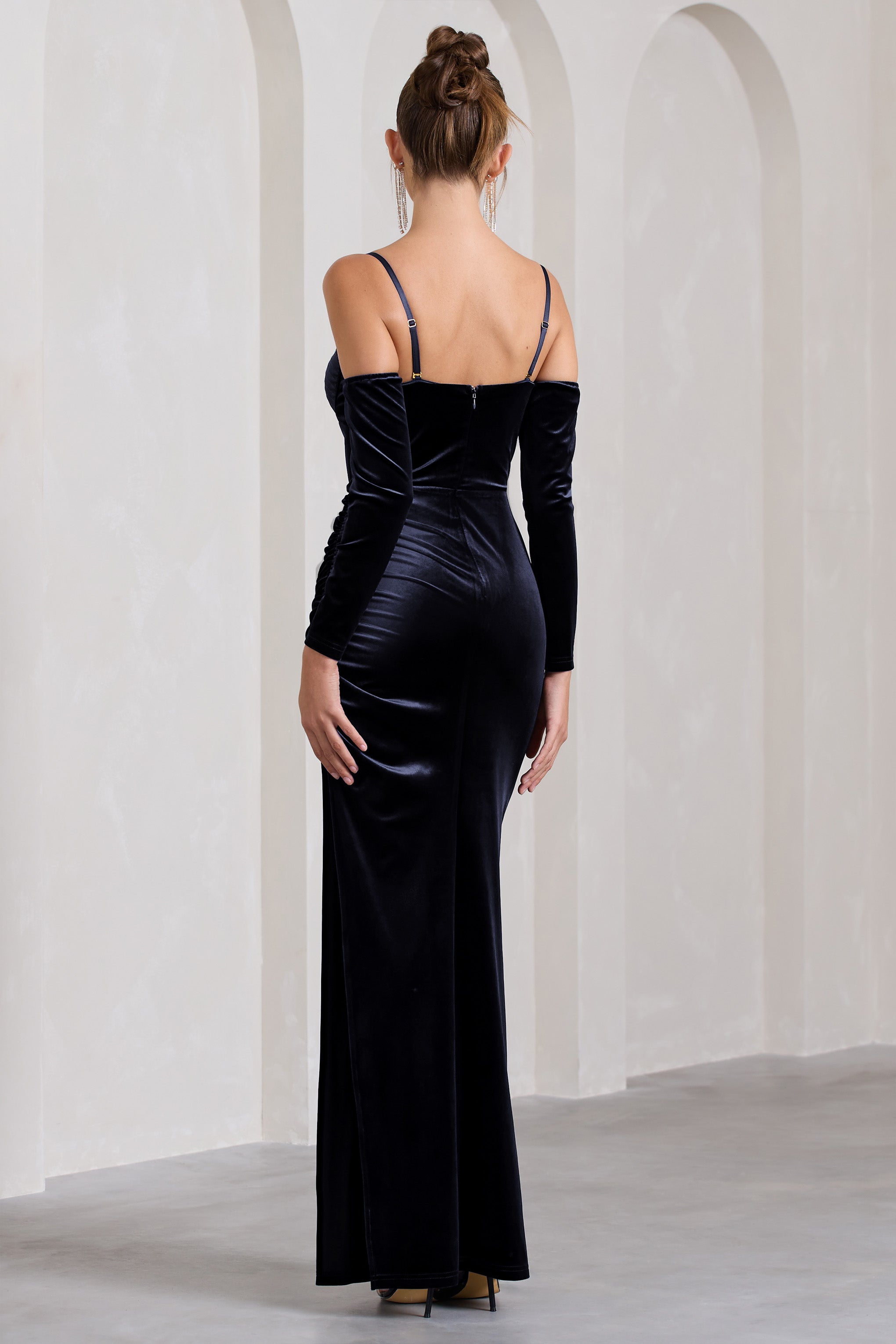 Meribel Navy Velvet & Satin Long-Sleeved Corset Maxi Dress