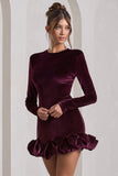 Claudine Port Velvet Long-Sleeved Ruffled Mini Dress