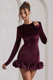 Claudine Port Velvet Long-Sleeved Ruffled Mini Dress
