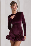 Claudine Port Velvet Long-Sleeved Ruffled Mini Dress