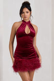 Tillie Berry Velvet High Neck Trapeze Mini Dress With Feather Hem Detail