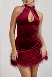 Tillie Berry Velvet High Neck Trapeze Mini Dress With Feather Hem Detail