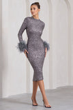 Marilyn Silver Sequin Long-Sleeved Midi Dress With Feather Cuffs