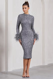 Marilyn Silver Sequin Long-Sleeved Midi Dress With Feather Cuffs