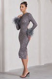 Marilyn Silver Sequin Long-Sleeved Midi Dress With Feather Cuffs